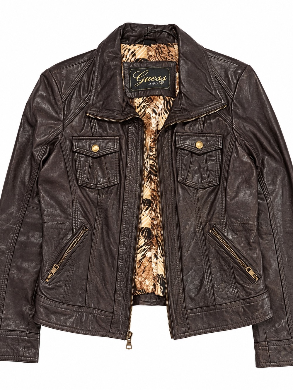 🍁Like New! Guess Dark Brown Leather Bomber Jacket with Animal-Print Lining, M